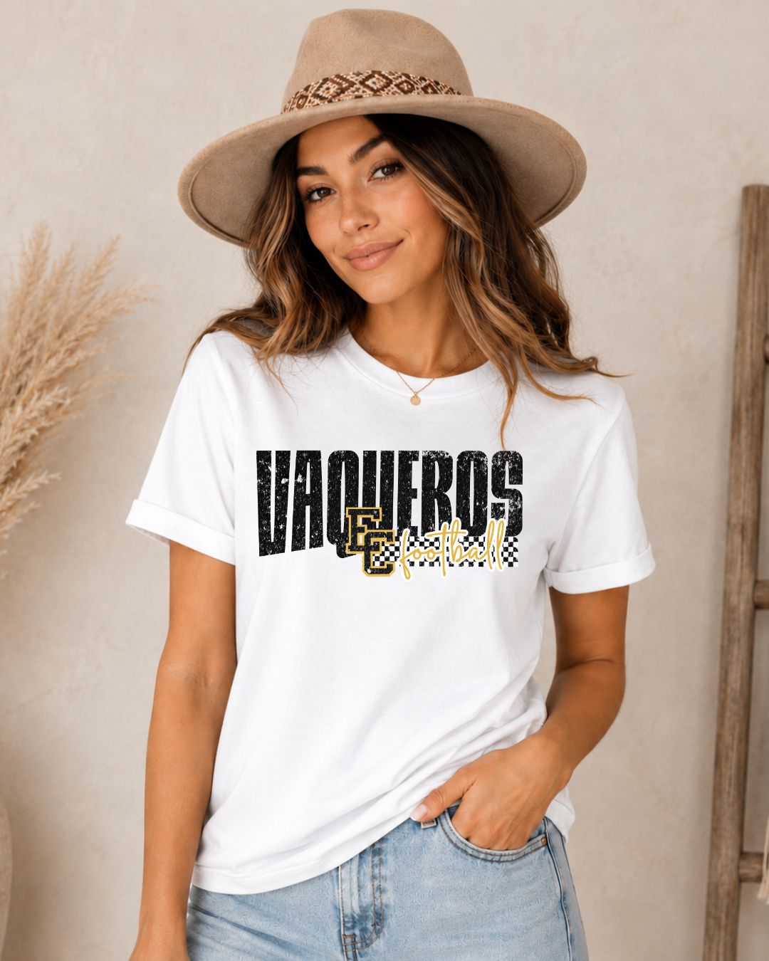 Vaqueros Football Checkered distressed - El Capitan High School T-Shirt