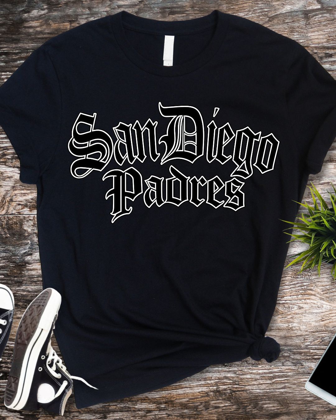 San Diego Chicano Font on Black Bella Canvas Women's T-shirt