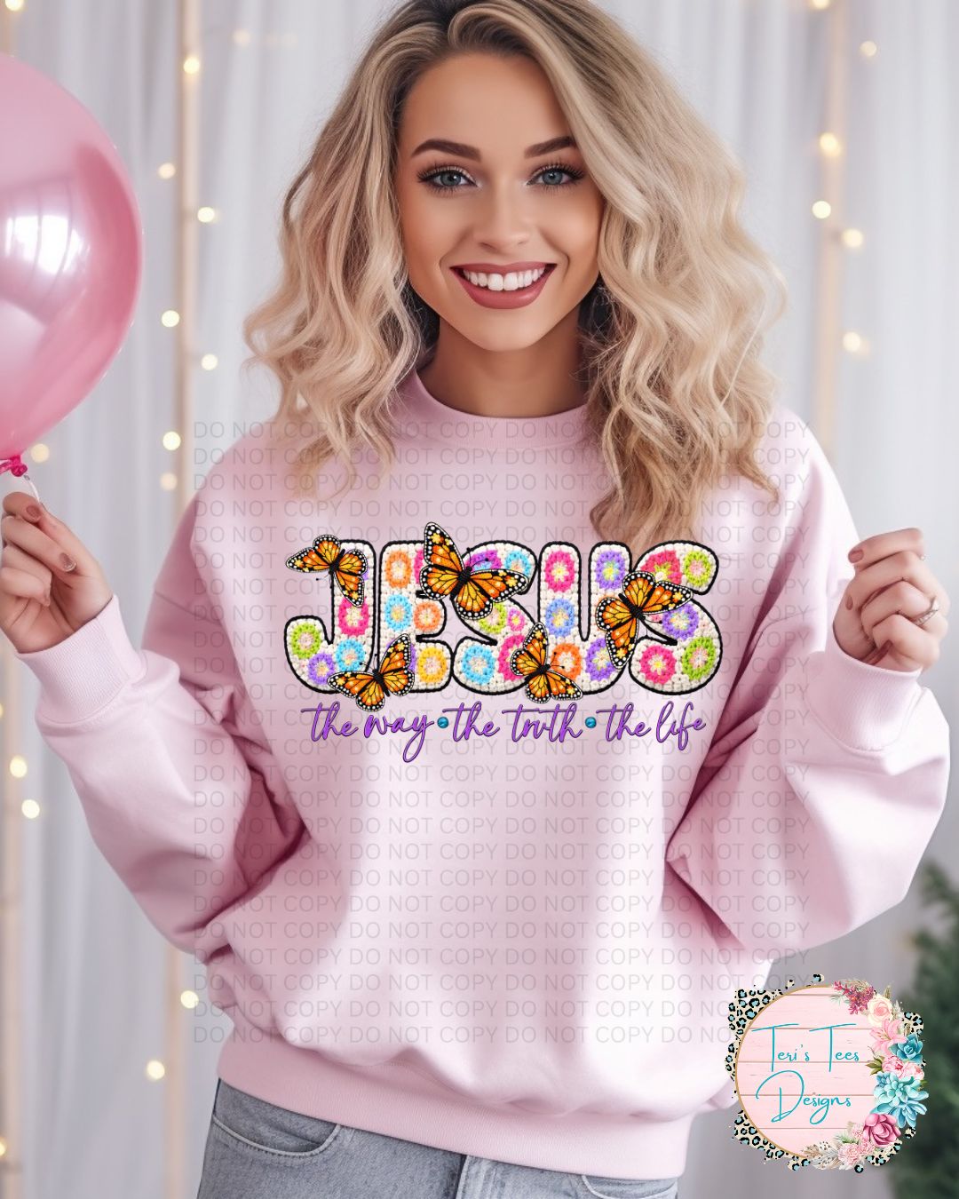 Jesus the Way the Truth the Life Floral Crocheted Look Crew