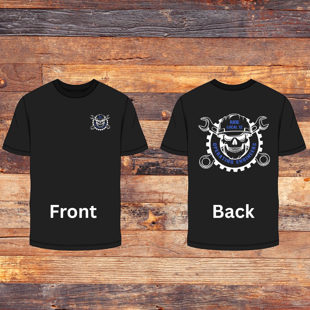 IUOE Operating Engineers Skull pocket logo and back design on Black Ultra Gildan T-Shirt