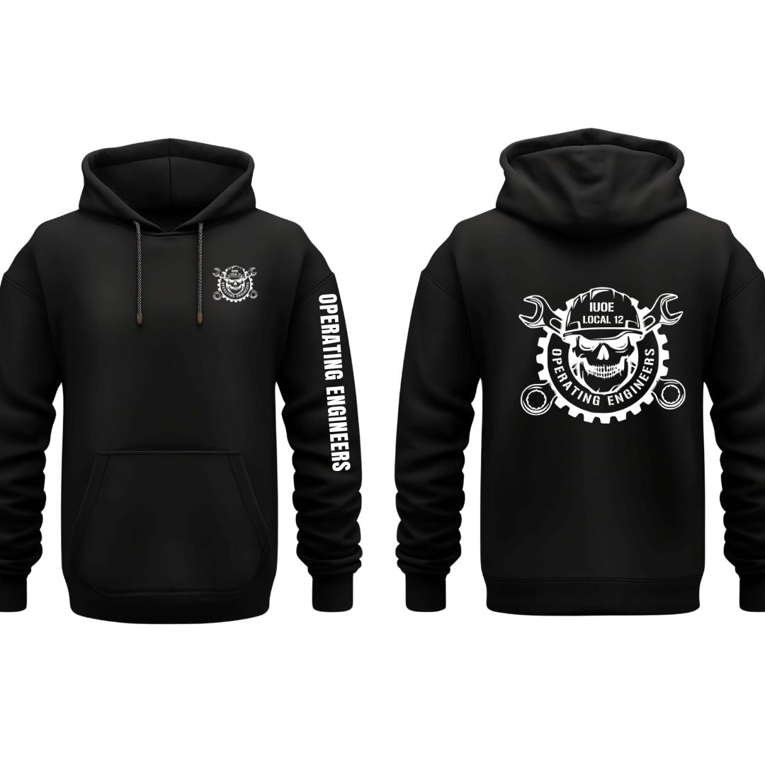 IUOE Operating Engineers Local 12 Skull Gildan Hoodie with front pocket and back design