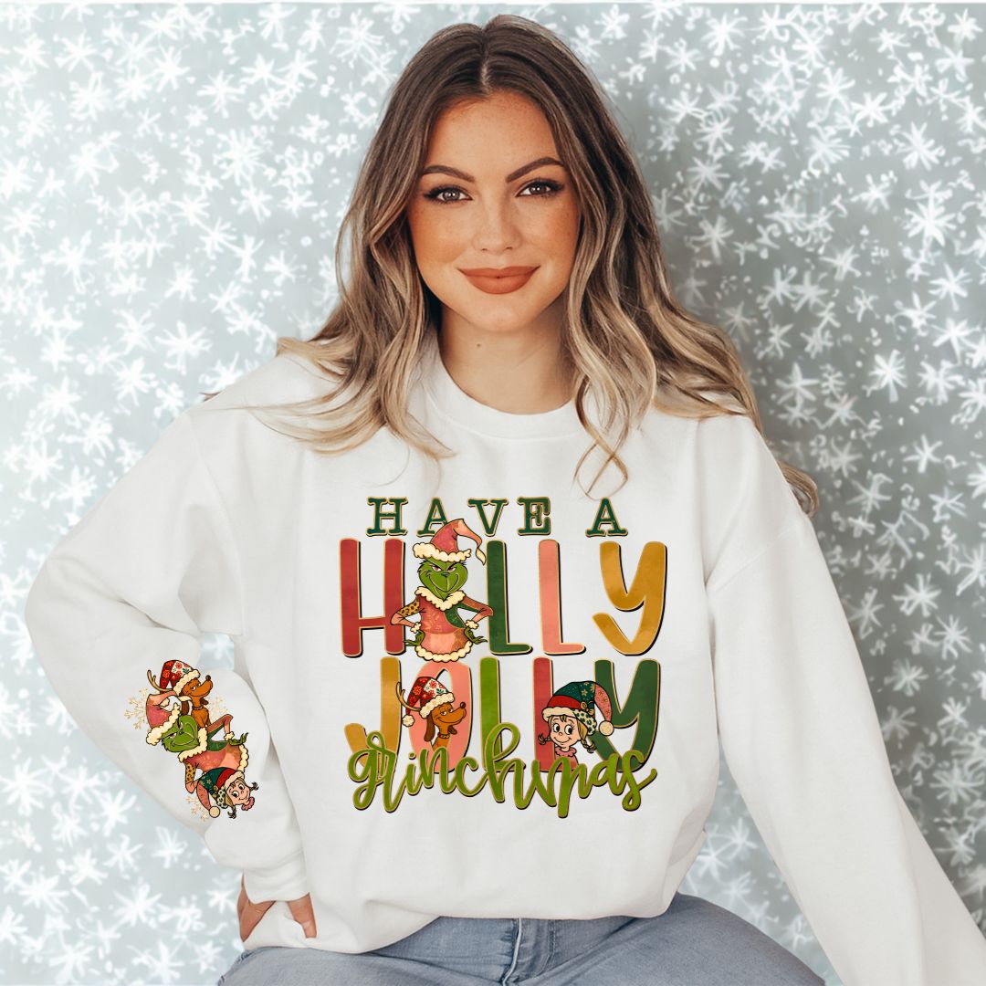 Have a Holly Jolly Grinchmas with sleeve accent Women's Crew
