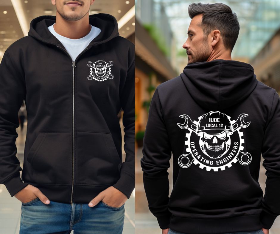 IUOE Skull Gildan Zip up Hoodie with front pocket logo and back design