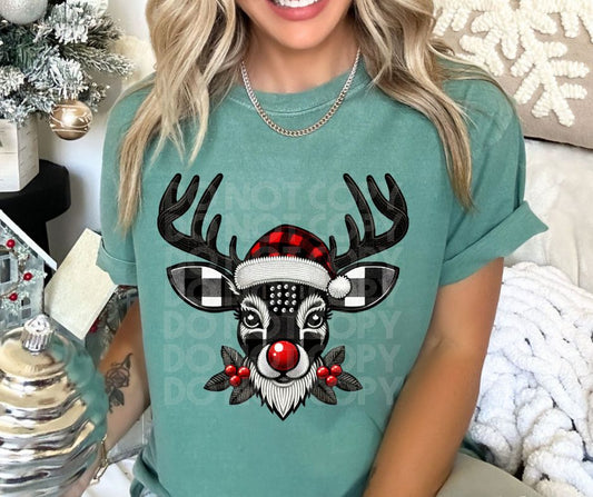 Rudolph the red nose Reindeer on Emerald Comfort Colors T-Shirt