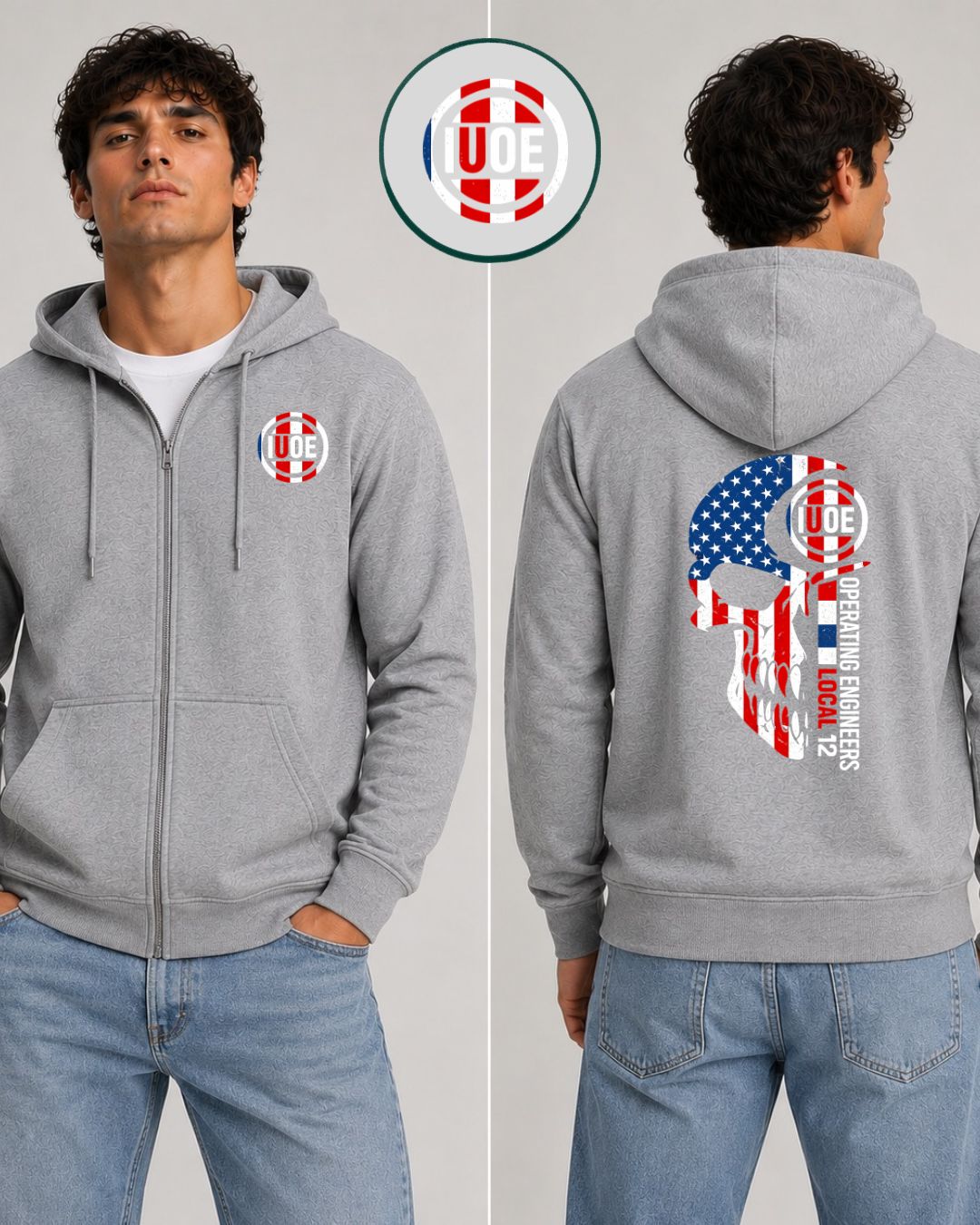IUOE red white blue Skull Zip-Up Hoodie