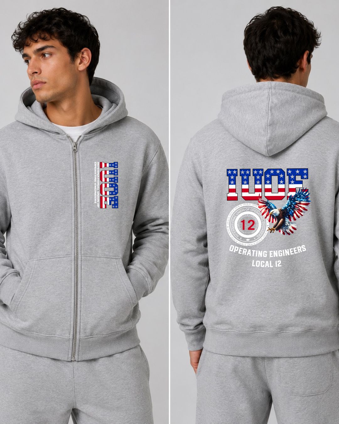 IUOE Eagle Patriot Gildan Zip up Hoodie with front logo and back design