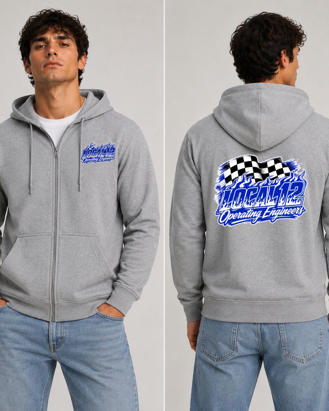 Checkered board Flames Local 12 Operating Engineers Zip-Up Hoodie