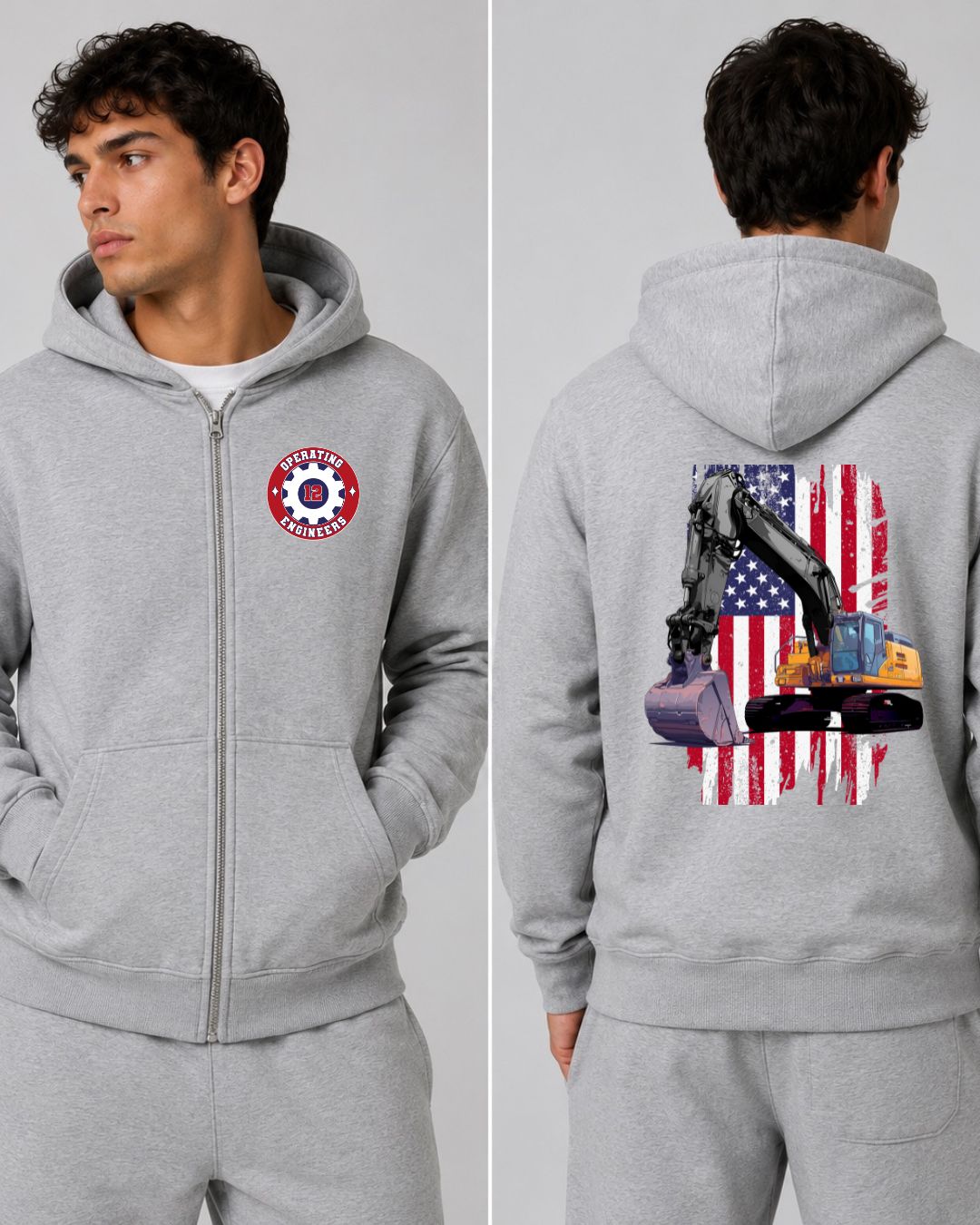 Operating Engineers Flag Excavator Zip-Up Hoodie