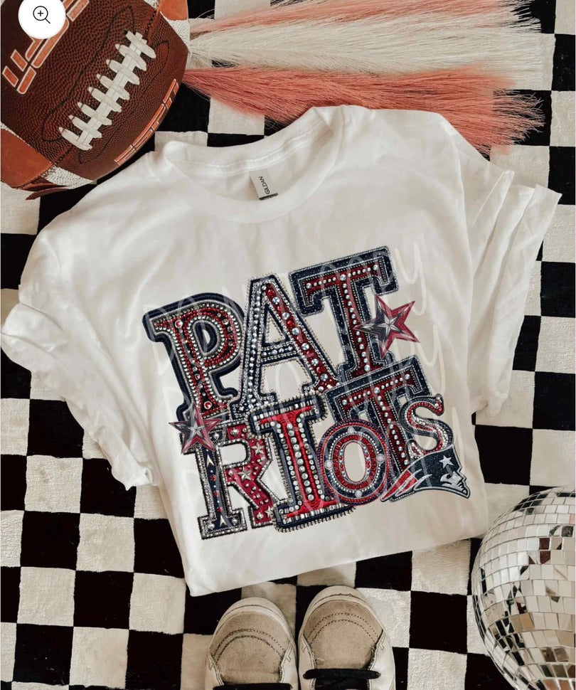 Patriots Rhinestone Font Print on White Bella Canvas T-Shirt