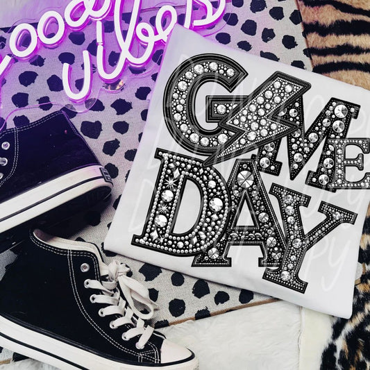 Game Day Lightning Rhinestone Font T-Shirt