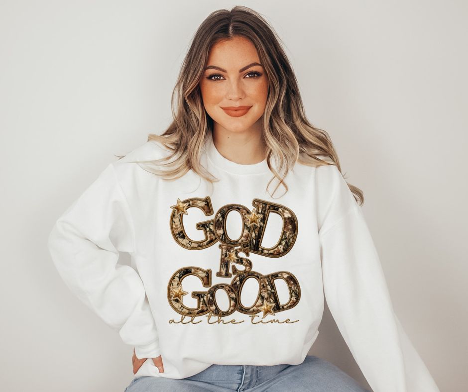 God is Good Camo Collab on Crew Sweatshirt