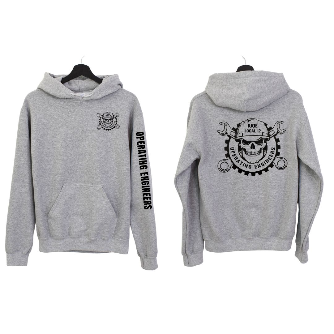 IUOE Operating Engineers Local 12 Skull Gildan Hoodie with front pocket and back design