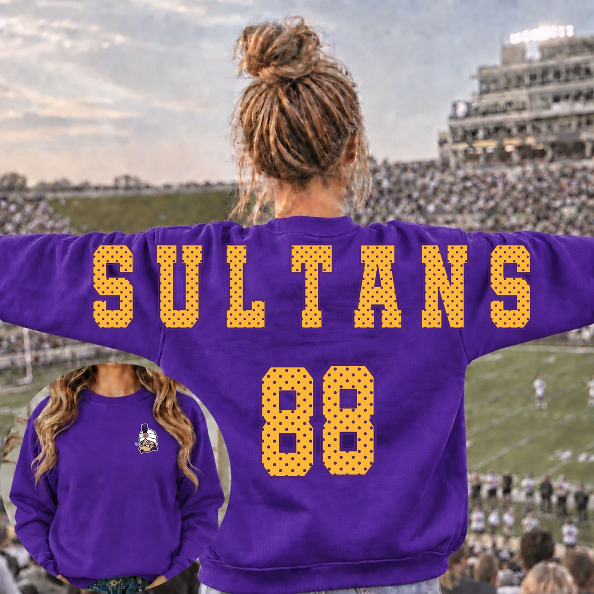 Santana Sultans with Mascot Stretched Polka Dot Crew
