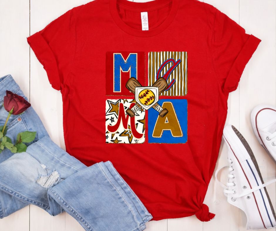 Mama Softball Patchwork Print T-Shirt