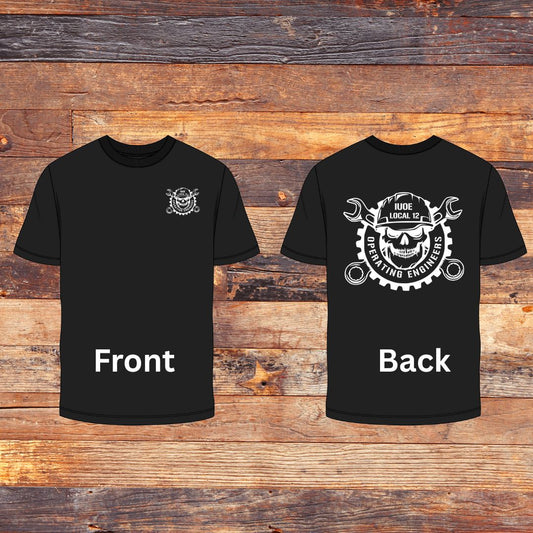 IUOE Operating Engineers Skull pocket logo and back design on Black Ultra Gildan T-Shirt