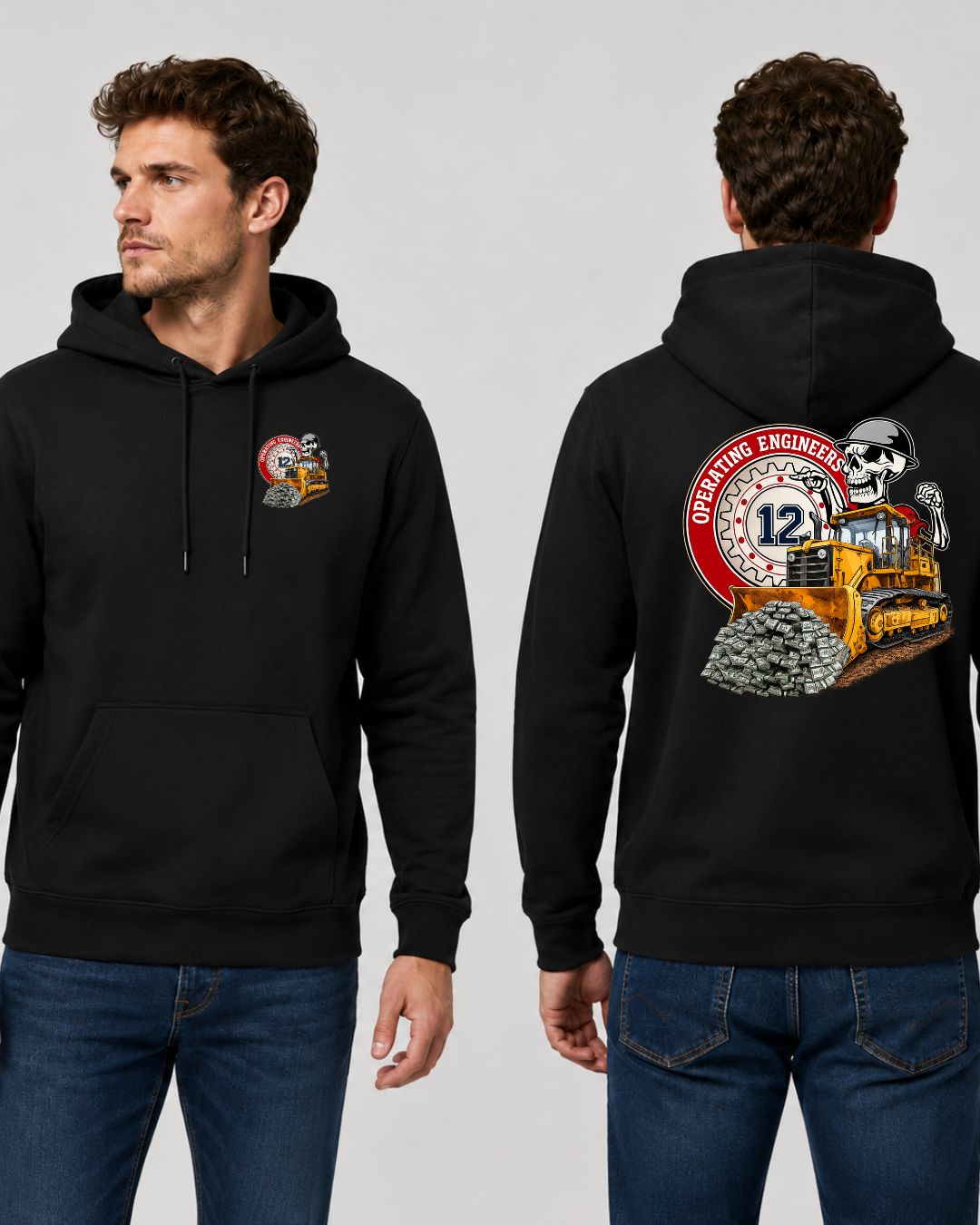 Operating Engineers Local 12 Shoveling $$$ Hoodie with pocket Logo and back design