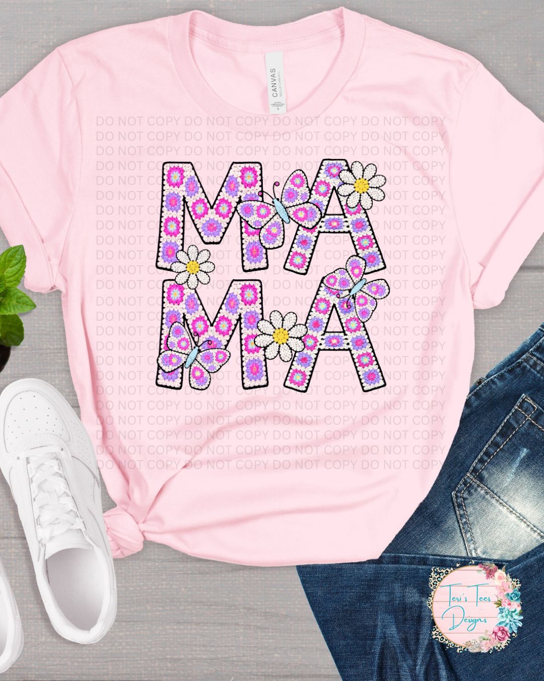 Mama Floral Crocheted Look Pink Bella Canvas T-Shirt