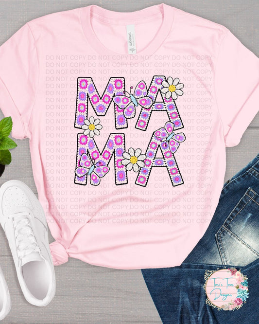 Mama Floral Crocheted Look Pink Bella Canvas T-Shirt