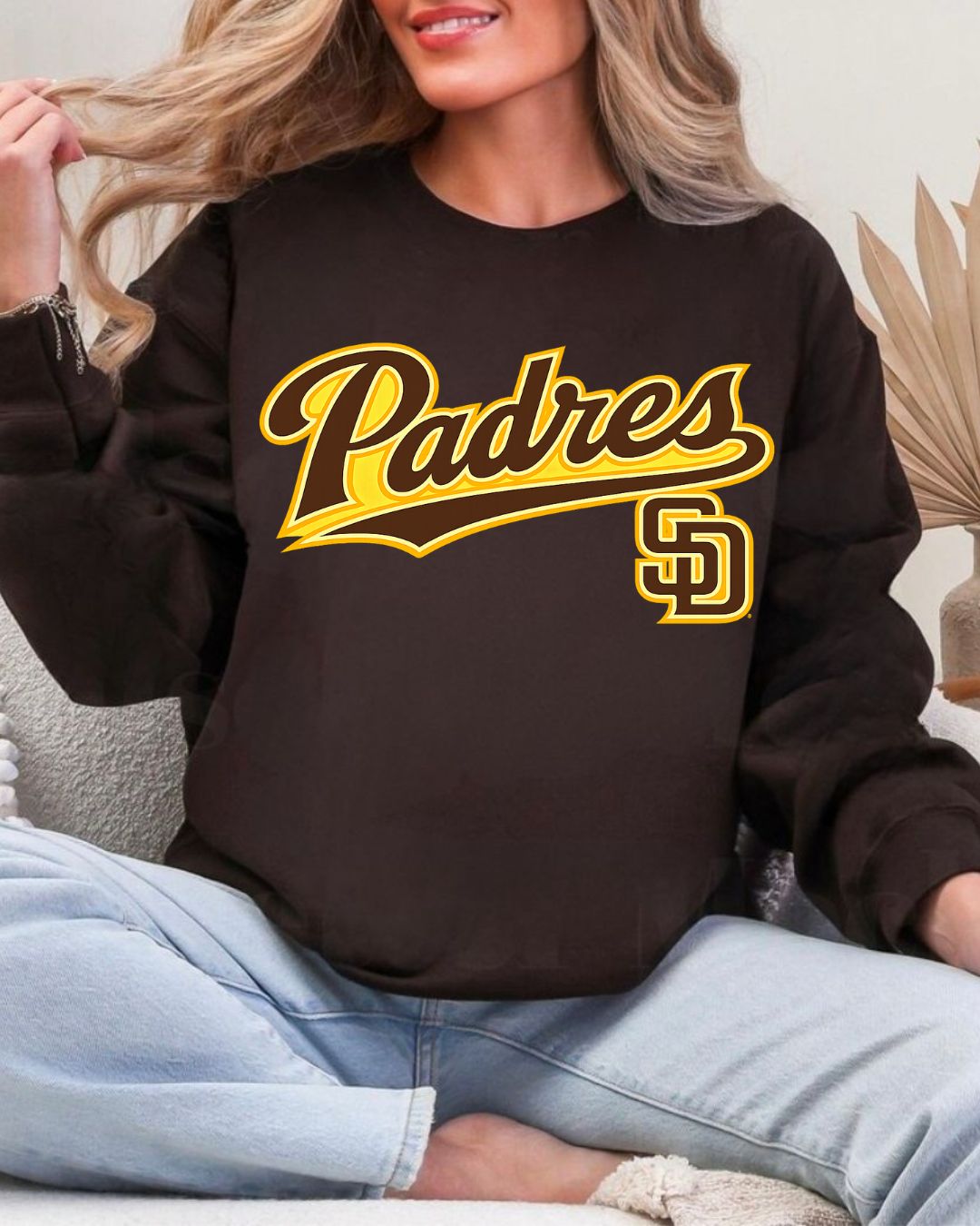Padres SD Cursive on chocolate Brown Unisex Crew Sweatshirt