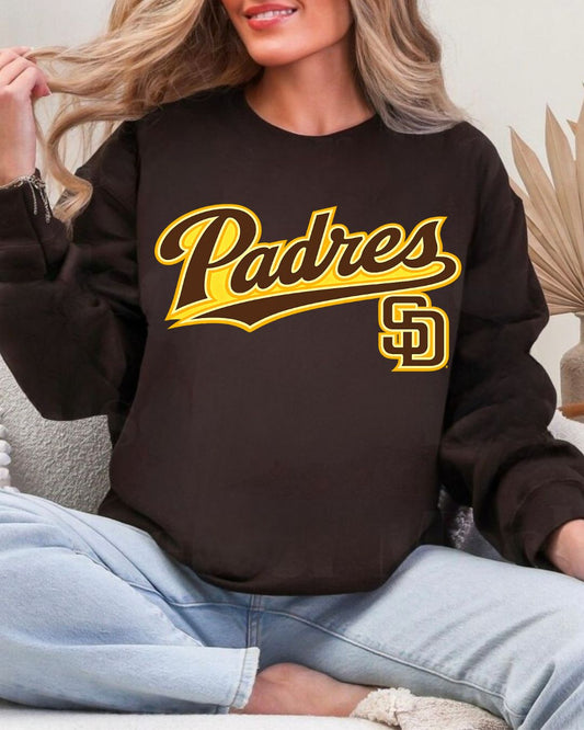 Padres SD Cursive on chocolate Brown Unisex Crew Sweatshirt