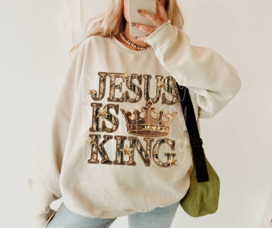 Jesus is King on tan crew Sweatshirt