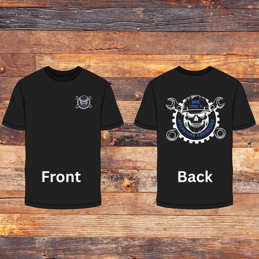 IUOE Operating Engineers Skull pocket logo and back design on Black Ultra Gildan T-Shirt