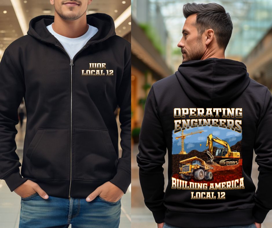 IUOE Building America Gildan Zip up Hoodie with front pocket logo and back design