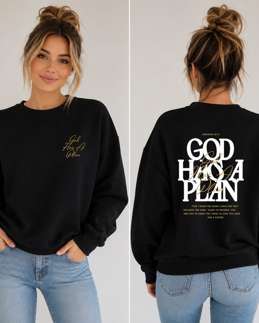God has a Plan with front logo and full back design Crew Sweatshirt