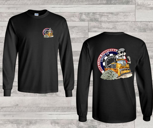 Operating Engineers Local 12 Skeleton shoveling $$$ Gildan Long Sleeve with front and back logo