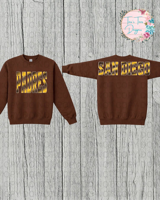 San Diego Padres Ombre' DTF print on Gildan Crew Sweatshirt Front and XL back logo