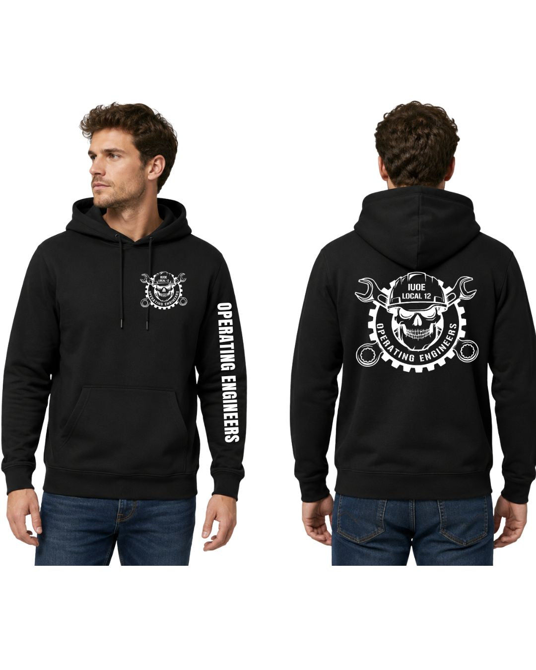 IUOE Operating Engineers Local 12 Skull Gildan Hoodie with front pocket and back design