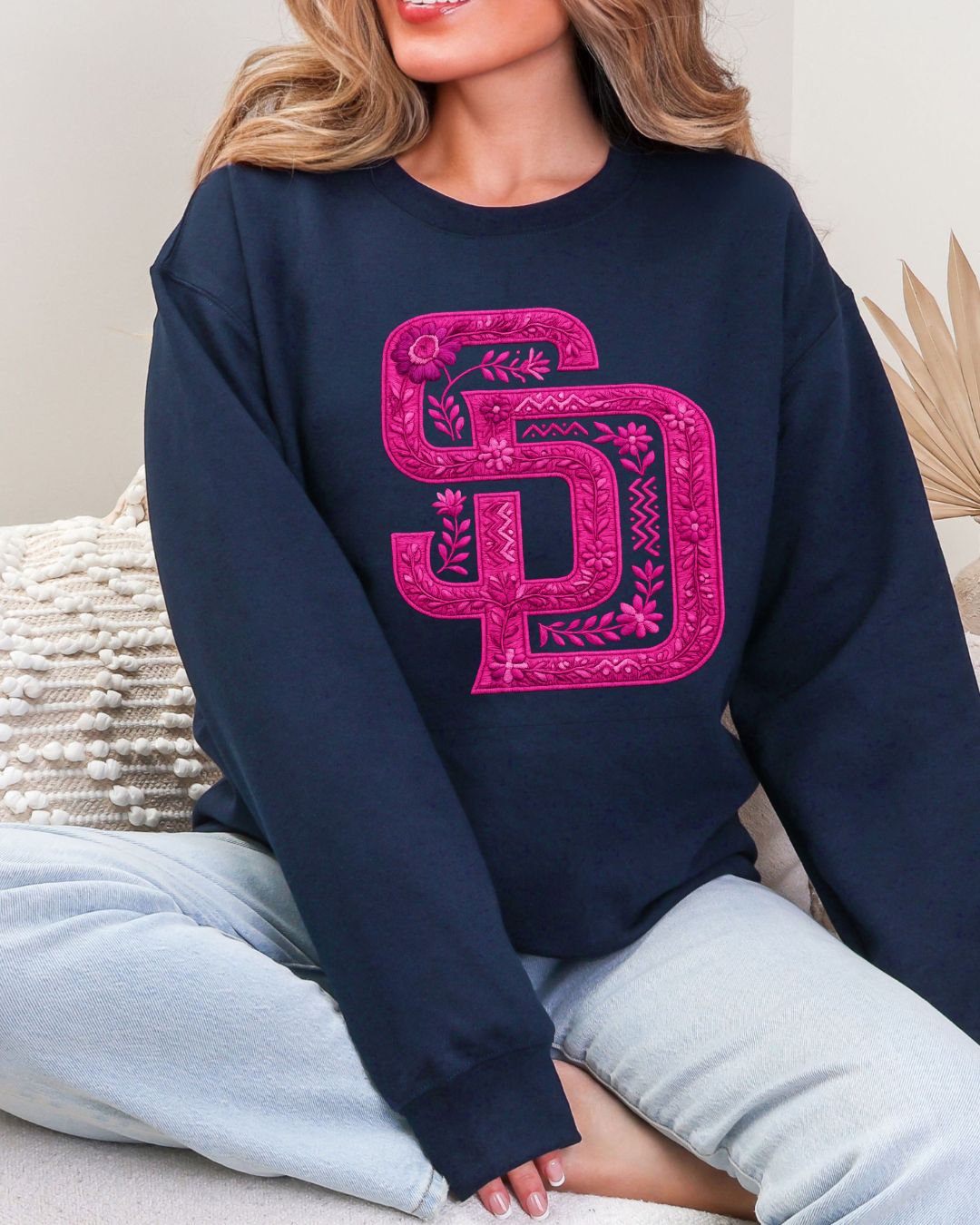 SD Hot Pink Floral faux Embroidery Look Crew Sweatshirt