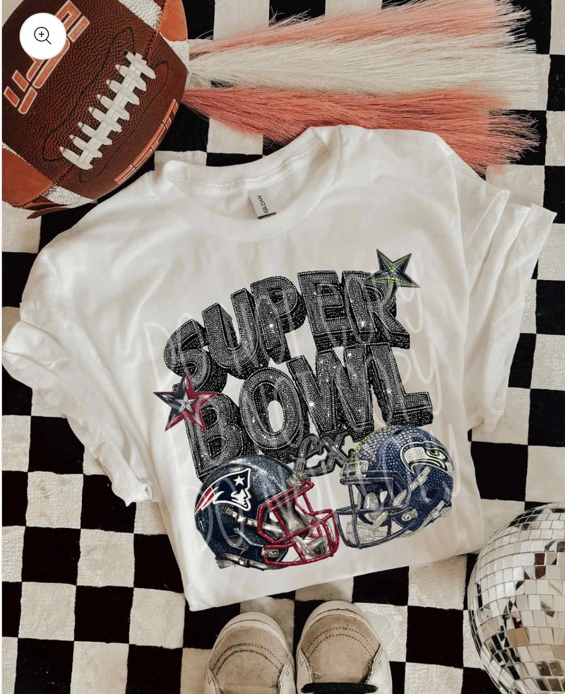 Superbowl Rhinestone Font Print with Patriots vs Seahawks T-Shirt