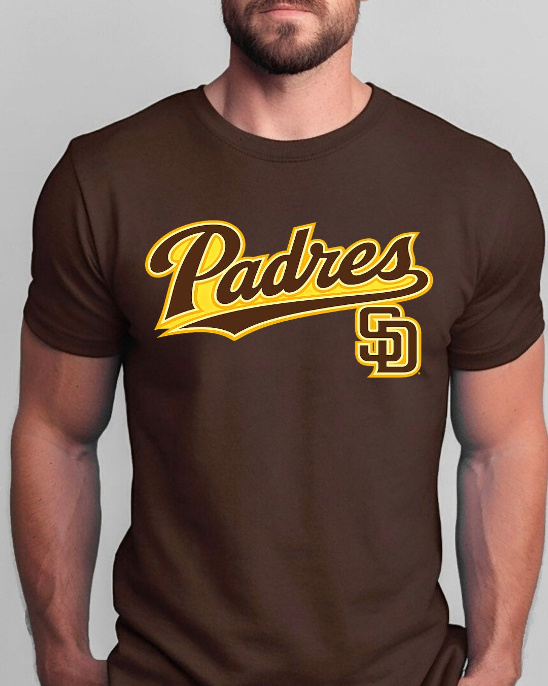 Padres SD Cursive on Chocolate Mens Brown T-Shirt