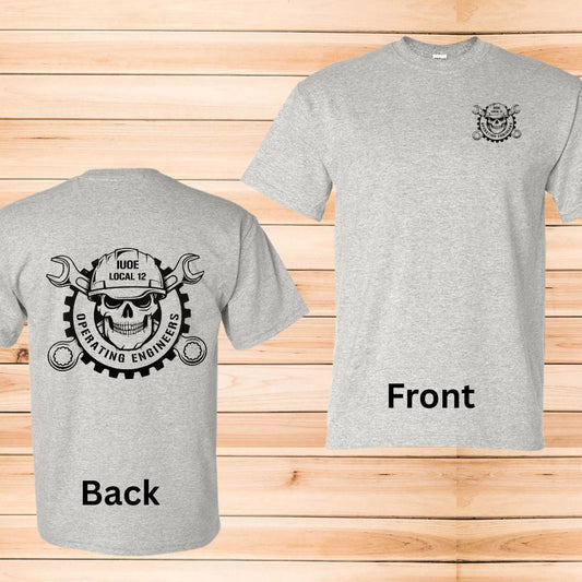 IUOE Operating Engineers Skull pocket logo and back design on Sport Gray Ultra Gildan T-Shirt