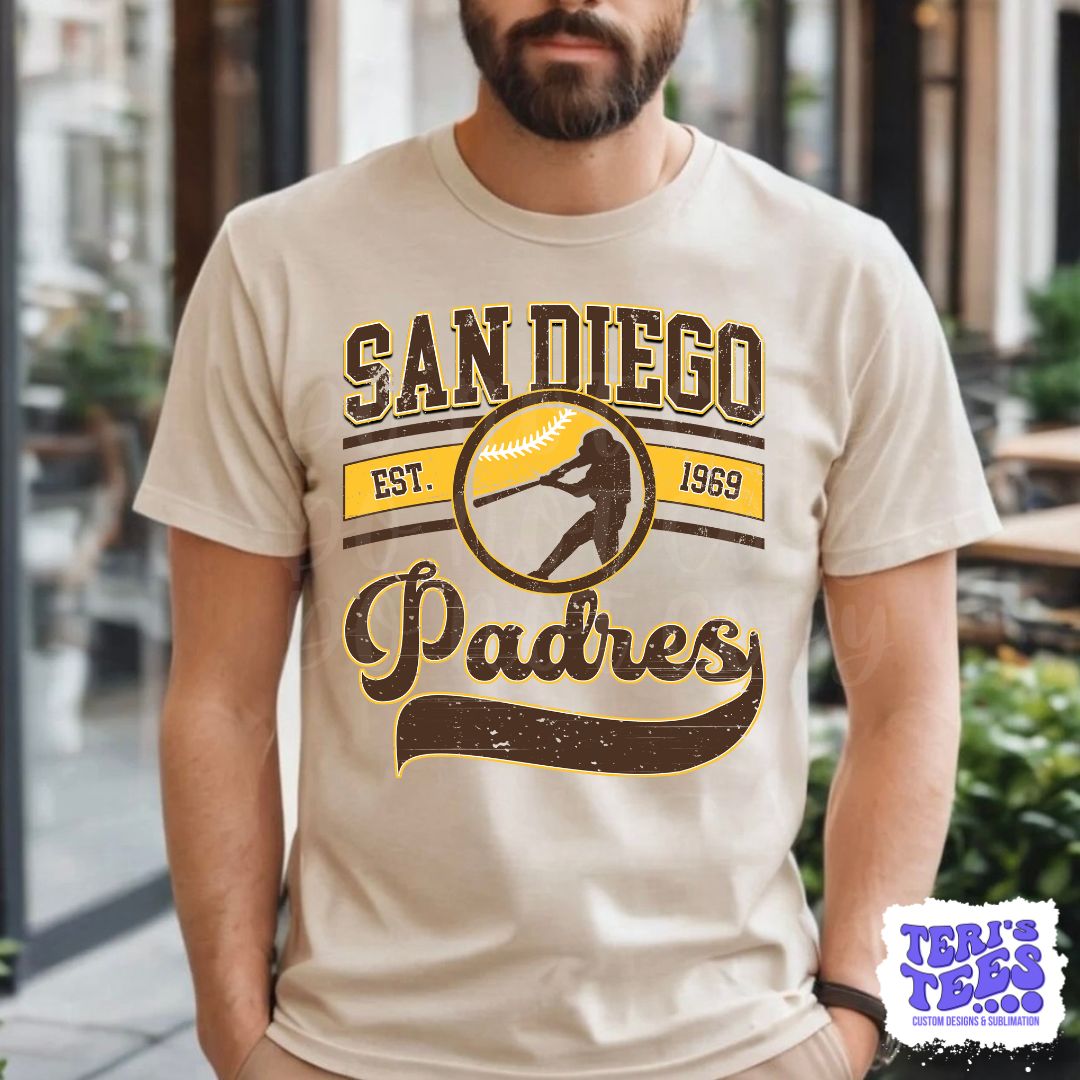 Mens San Diego Padres Shirt Distressed Vintage on Tan Gildan