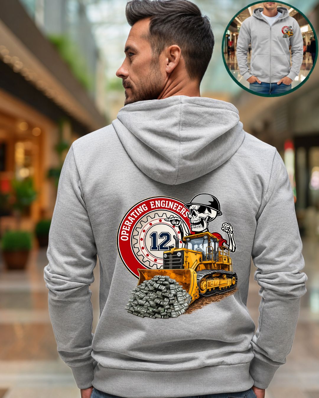Operating Engineers shoveling $$$ Zip up Hoodie with front and back logo
