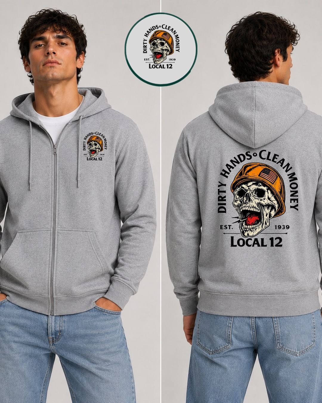 Dirty Hands Clean Money Skull Zip-Up Hoodie