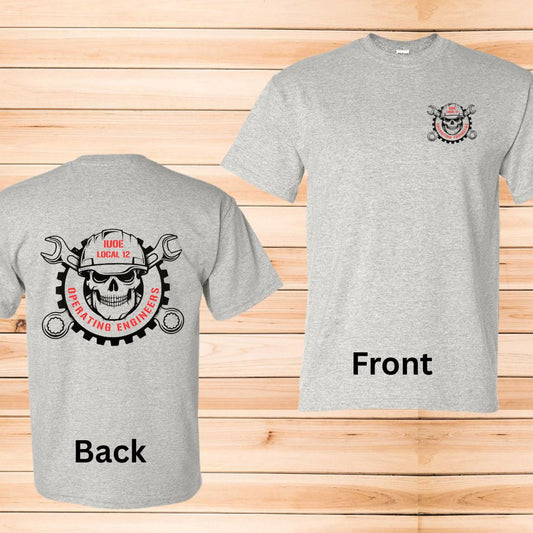 IUOE Operating Engineers Skull pocket logo and back design on Sport Gray Ultra Gildan T-Shirt
