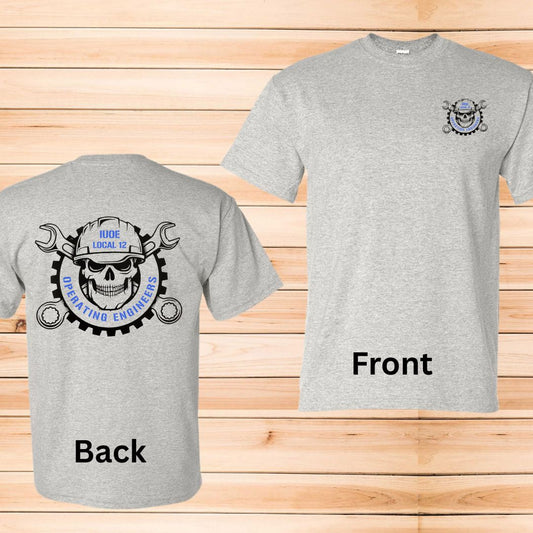 IUOE Operating Engineers Skull pocket logo and back design on Sport Gray Ultra Gildan T-Shirt