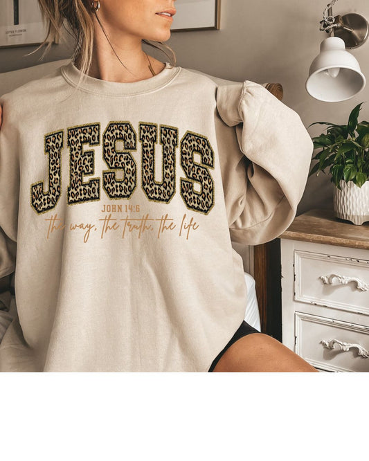 Jesus the Way The Truth The Life Leopard Crew Sweatshirt