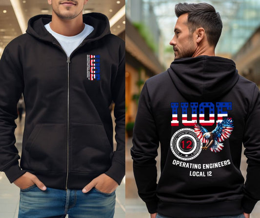 IUOE Eagle Patriot Gildan Zip up Hoodie with front logo and back design