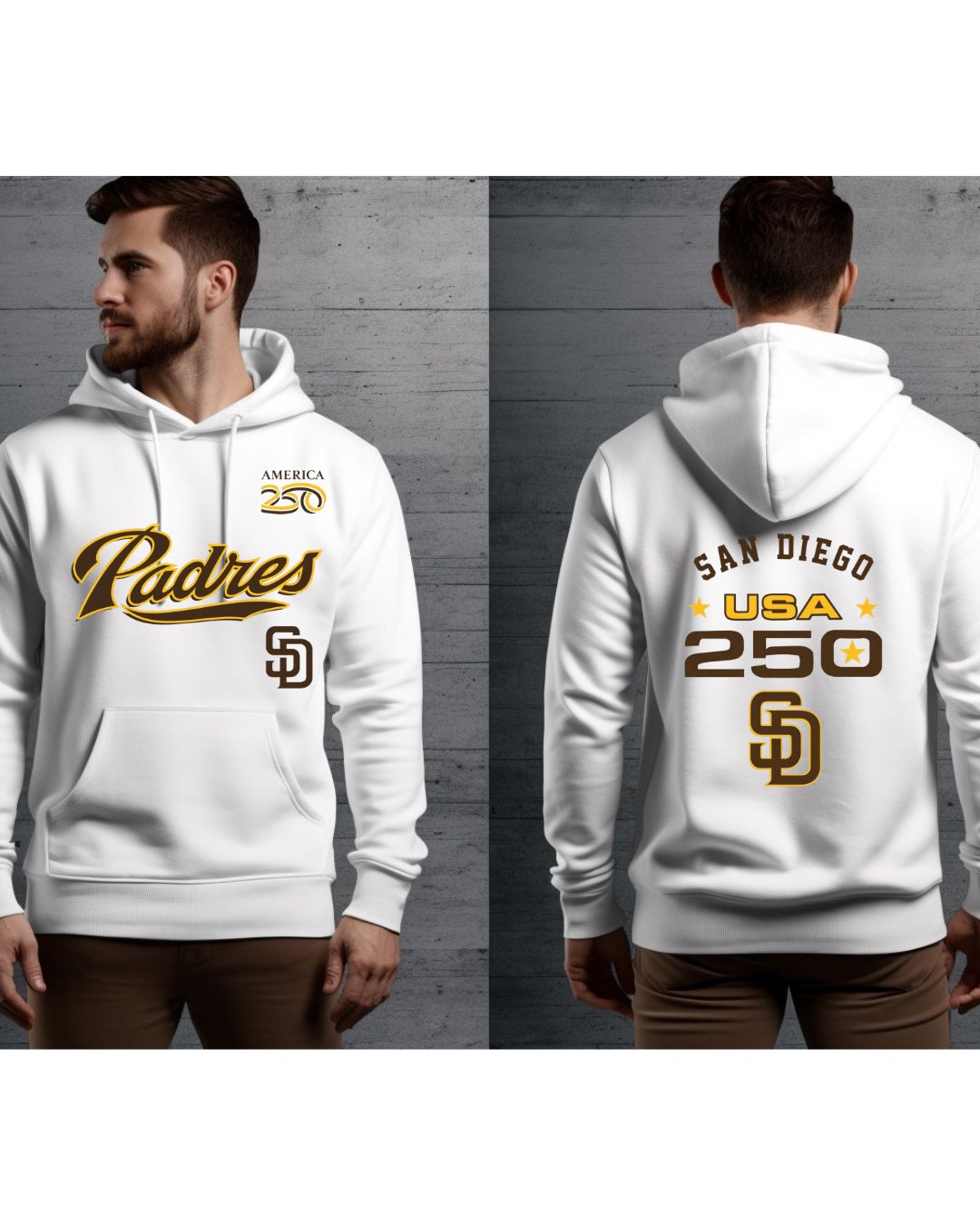 SD Padres Celebrating 250 years with front & Back Logo Unisex Gildan White Hoodie