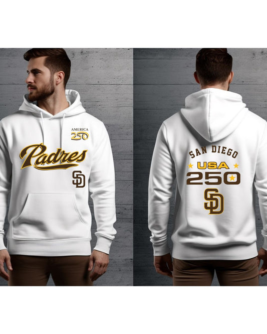 SD Padres Celebrating 250 years with front & Back Logo Unisex Gildan White Hoodie