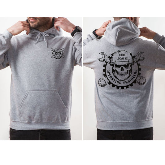 IUOE Operating Engineers Local 12 Skull Gildan Hoodie with front pocket and back design