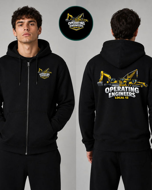 OE Local 12 Heavy Equipment with Motor Grader, Crane, Excavator Zip-Up Hoodie