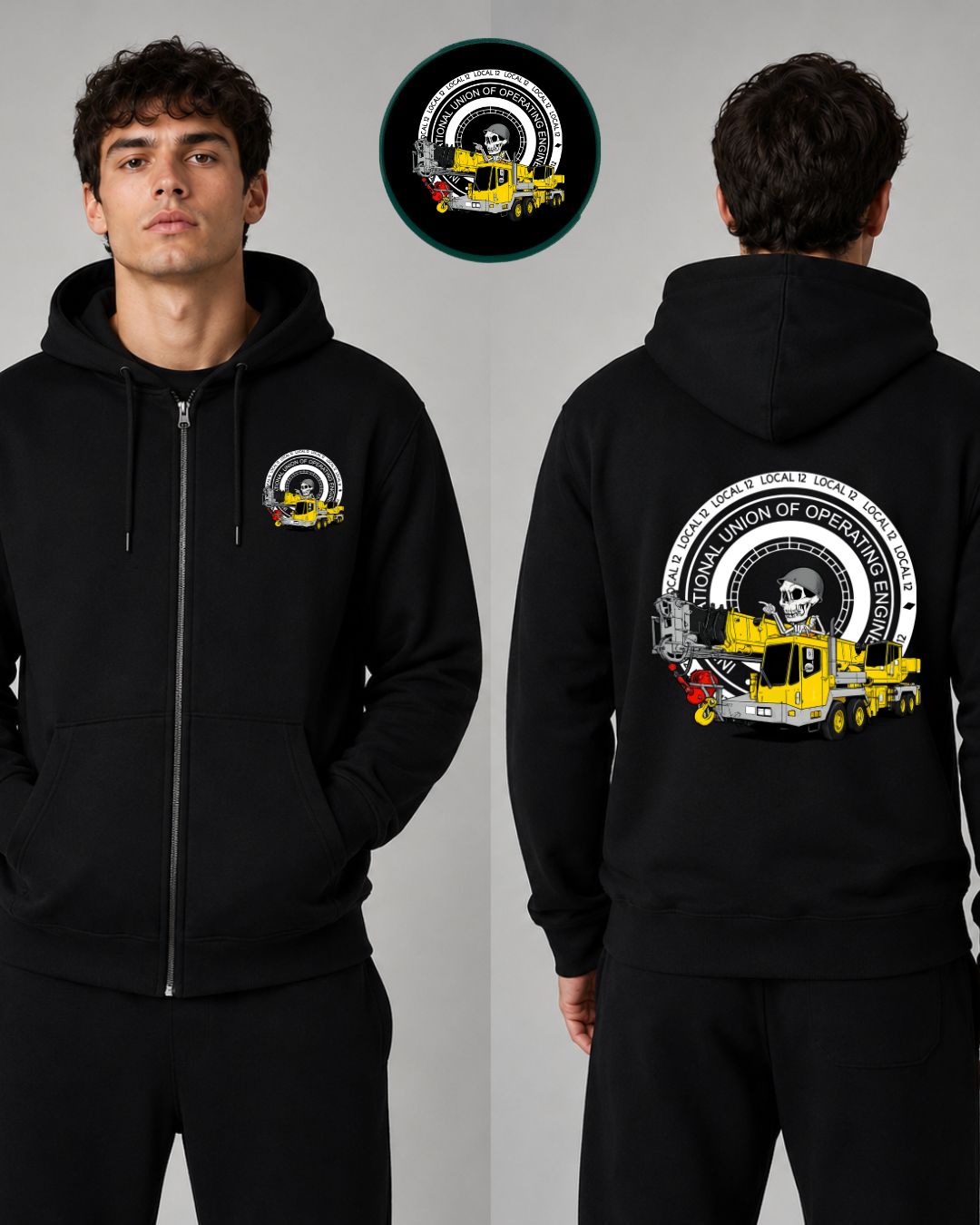 Hydraulic Crane Skeleton with 12 Steam Gauge Zip-Up Hoodie