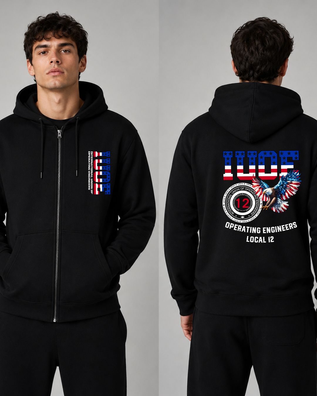 IUOE Eagle Patriot Gildan Zip up Hoodie with front logo and back design