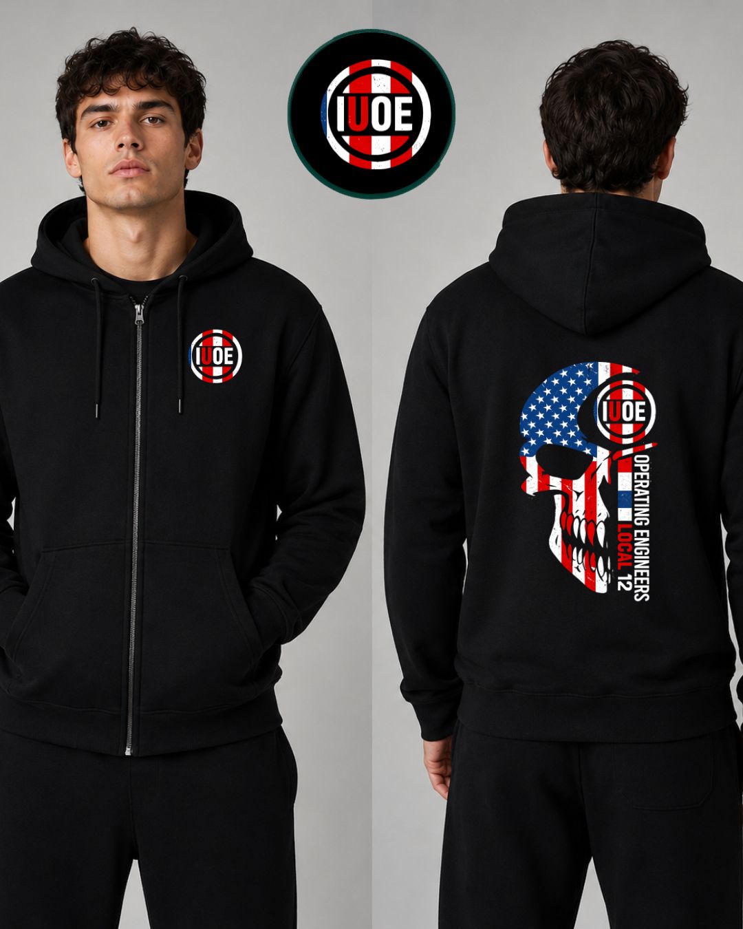 IUOE red white blue Skull Zip-Up Hoodie