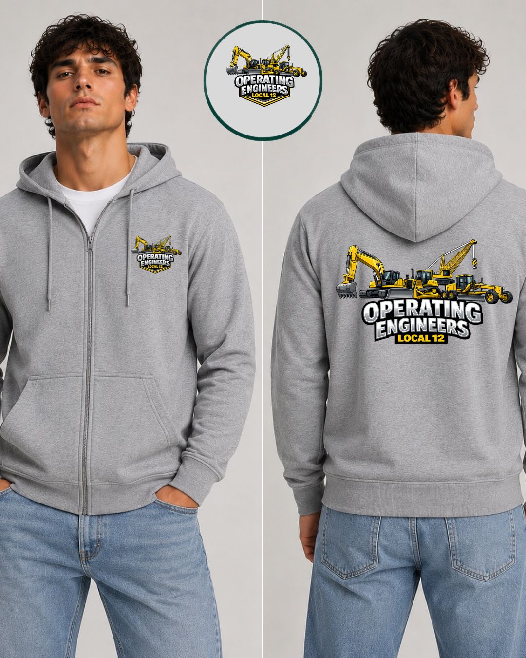 OE Local 12 Heavy Equipment with Motor Grader, Crane, Excavator Zip-Up Hoodie